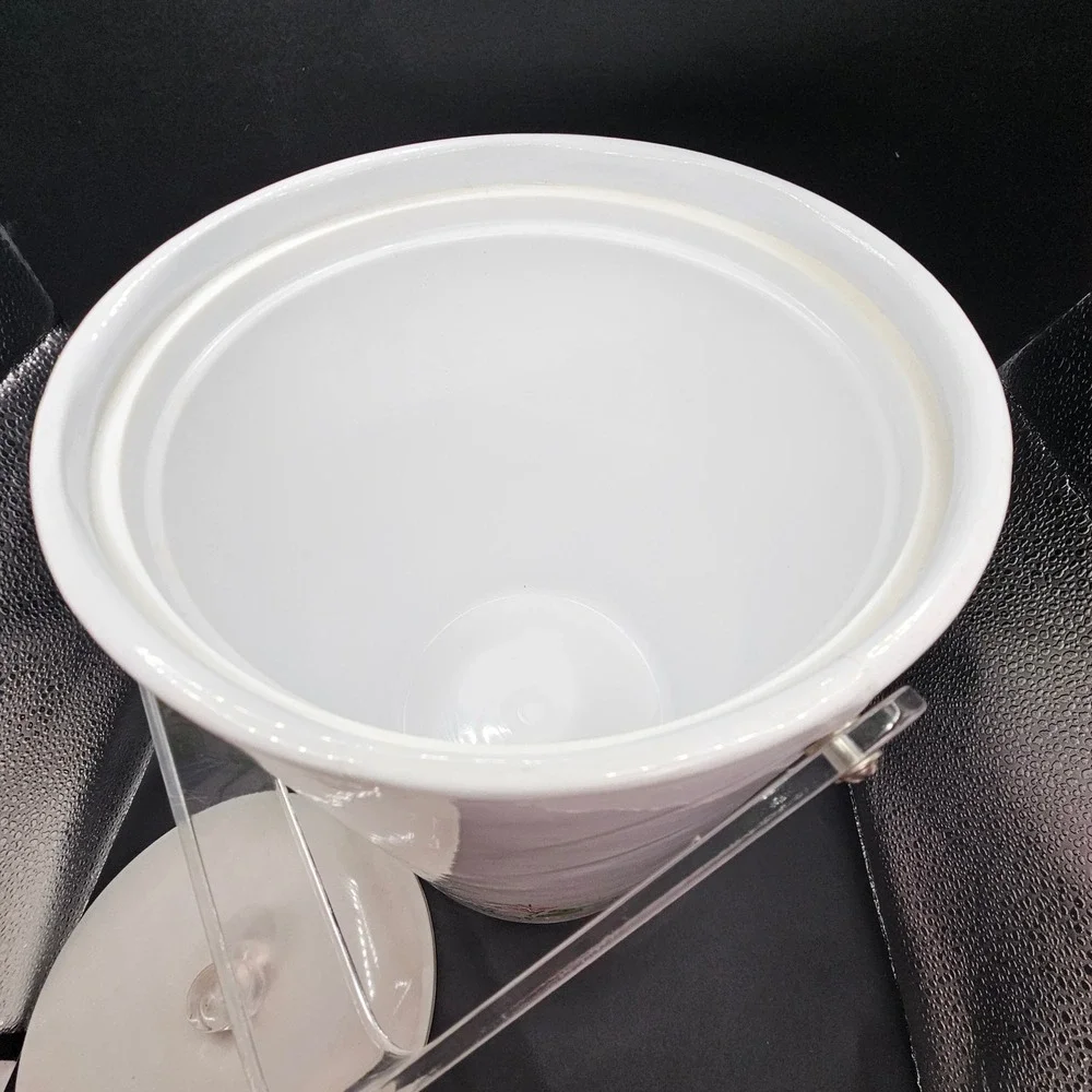 Vintage‎ 1960s Ice Bucket White Enamel Floral Lucite Handle MCM Barware